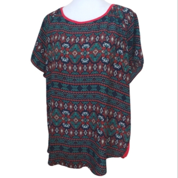 Umgee Batik Print Red Sheer Open Back Top Blouse Women's size Large - Picture 1 of 13